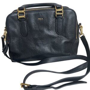 RLL Black Leather Satchel Bag With Gold Hardware & Detachable Strap